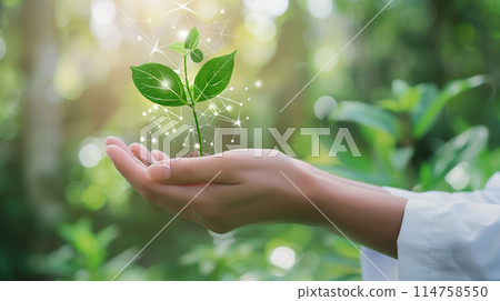 A hand holding a plant growing from a medical symbol, signifying healthcare promoting growth 114758550