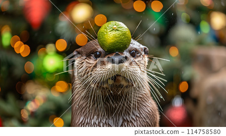 A playful otter balancing a lime on its nose with a festive background 114758580