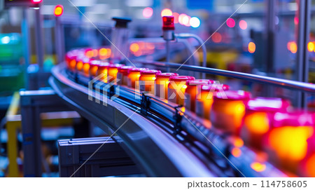 A conveyor belt with products moving at high speed, showcasing efficient production 114758605