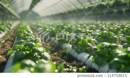 A field of crops grown using vertical farming techniques, maximizing space and resource efficiency A field of crops grown using vertical farming techniques, maximizing space and resource efficiency 114758615