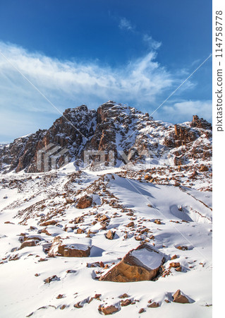 Scenic mountain views of Central Asia. Tour to the Tien Shan mountains, to the Almaty mountains of Kazakhstan. National natural park Ile Alatau at high altitude. 114758778