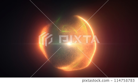 Yellow energy magic sphere round high-tech digital ball core of light rays waves lines and energy particles. Abstract background Yellow energy magic sphere round high-tech digital ball core of light rays waves lines and energy particles. Abstract background 114758783