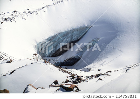 Bogdanovich Glacier in the Almaty Mountains of Kazakhstan, Ile Alatau National Natural Park, amazing nature of Central Asia. Bogdanovich Glacier in the Almaty Mountains of Kazakhstan, Ile Alatau National Natural Park, amazing nature of Central Asia. 114758831