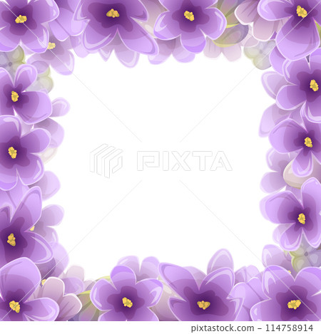 Lilac purple flowers square frame vector illustration in violet colors. Romantic floral wedding or greeting card design. Suits for Women, Mothers day and Valentines Day invitations Lilac purple flowers square frame vector illustration in violet colors. Romantic floral wedding or greeting card design. Suits for Women, Mothers day and Valentines Day invitations 114758914