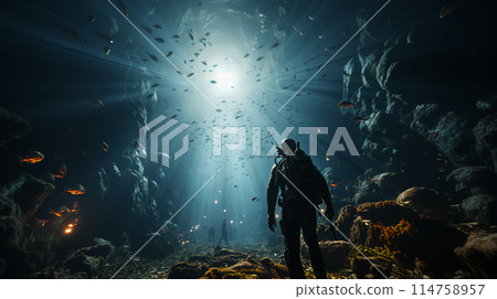 Scuba divers swim underwater with fish. non-existent person. AI generated 114758957