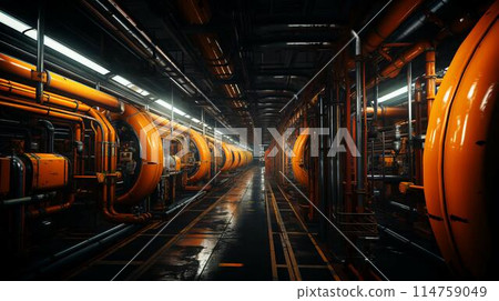 Modern chemical industrial equipment, shell-and-tube heat exchangers for cooling liquids in an oil refinery, petrochemical plant. AI generated 114759049