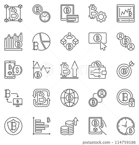 Cryptocurrency outline icons set. Bitcoin Blockchain Technology concept linear vector signs 114759186
