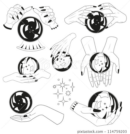 Hand drawn design set witchy magic crystal ball in hads of fortune teller. Tattoo, poster or altar print concept, esoteric, wicca, occult and gothic background Hand drawn design set witchy magic crystal ball in hads of fortune teller. Tattoo, poster or altar print concept, esoteric, wicca, occult and gothic background 114759203