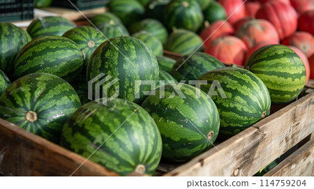 Fresh watermelons in wooden boxes on the fair counter 114759204