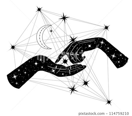 Hand drawn illustrations with hands of witch or fortune teller against stars and sacred geometry pattern. Tattoo, poster or altar print design concept, esoteric, wicca and gothic background 114759210