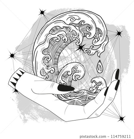 Hand drawn illustration with water wave and witchy mystical symbols in hands of fortune teller or witch. Tattoo, poster or altar print design concept, esoteric, wicca and gothic background 114759211