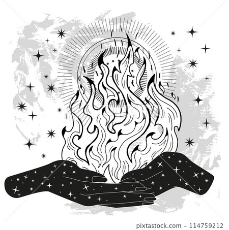 Hand drawn illustration with flame and witchy mystical symbols in hands of fortune teller or witch. Tattoo, poster or altar print design concept, esoteric, wicca and gothic background Hand drawn illustration with flame and witchy mystical symbols in hands of fortune teller or witch. Tattoo, poster or altar print design concept, esoteric, wicca and gothic background 114759212