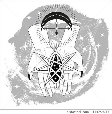 Hand drawn illustration with pentagram and witchy mystical symbols in hands of fortune teller or witch. Tattoo, poster or altar print design concept, esoteric, wicca and gothic background 114759214