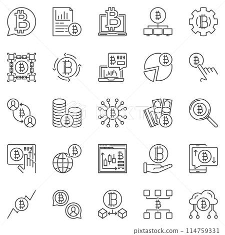 Bitcoin Cryptocurrency outline icons set - Crypto Currency Exchange line vector symbols Bitcoin Cryptocurrency outline icons set - Crypto Currency Exchange line vector symbols 114759331