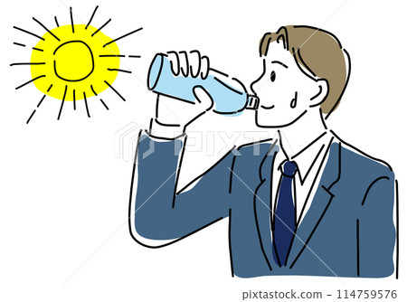 Simple line drawing of a man hydrating to prevent heatstroke 114759576