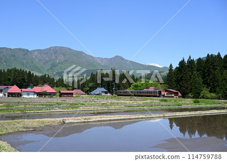A train running alongside rice fields before planting 114759788