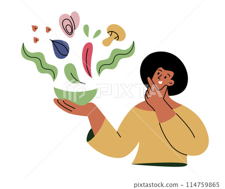 Sustainable food composition, healthy diet, vector illustration of woman eating eco friendly products, mussels, mushroom and buckwheat icons, go green composition, sustainability lifestyle Sustainable food composition, healthy diet, vector illustration of woman eating eco friendly products, mussels, mushroom and buckwheat icons, go green composition, sustainability lifestyle 114759865
