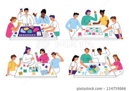 People playing table game set, board games scenes, collection of compositions with cartoon characters, vector illustrations of friends sitting together at table, having fun, leisure activity at home People playing table game set, board games scenes, collection of compositions with cartoon characters, vector illustrations of friends sitting together at table, having fun, leisure activity at home 114759866