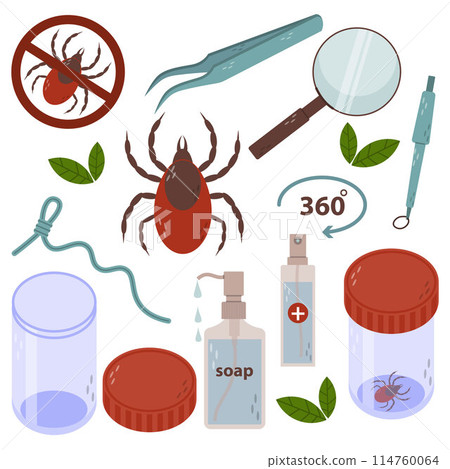 Set of items to pull tick out of skin. Stop ticks sign. Tweezers, magnifying glass, string, jar, soap, antiseptic. Encephalitis, parasite, forbidden circle Set of items to pull tick out of skin. Stop ticks sign. Tweezers, magnifying glass, string, jar, soap, antiseptic. Encephalitis, parasite, forbidden circle 114760064