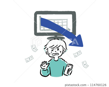 Falling grades Illustration of a man with a smartphone who fails in investment Falling grades Illustration of a man with a smartphone who fails in investment 114760126