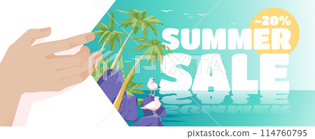 Summer sale horizontal banner. Human hand opens tropical beach landscape with seagulls. Water reflection. Vector illustration Summer sale horizontal banner. Human hand opens tropical beach landscape with seagulls. Water reflection. Vector illustration 114760795