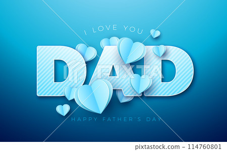 Happy Father's Day Greeting Card Design with Mustache and Flying Paper Heart on Blue Background. Vector Celebration Illustration with I Love You Dad Cut Out Lettering. Template for Postcard, Greeting 114760801
