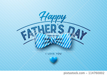 Happy Father's Day Greeting Card Design with Bow Tie, Heart and Typography Lettering on Blue Background. Vector Celebration Illustration for the Best Dad. Fathers Day Template for Banner, Flyer 114760802