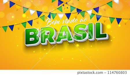 Festa Junina Illustration with Party Flags and 3d Letter on Yellow Background. Bem Vindo ao Brasil Portuguese Language Vector Design. Brazil June Traditional Holiday Festival Design for Celebration 114760803