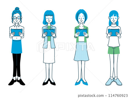 一名婦女手持平板電腦的全身插圖 114760923