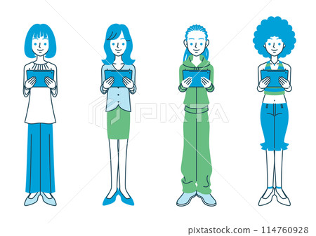 Full-body illustration of a woman holding a tablet 114760928