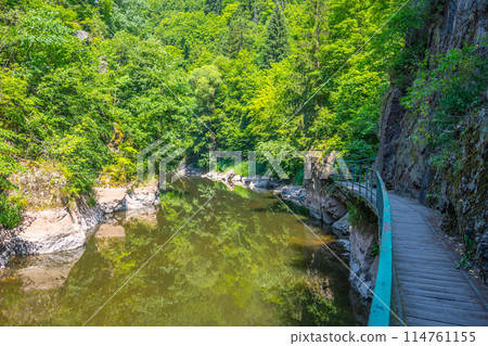 Wooden bridge pathway above Jizera River. Rieger Trail between Semily and Spalov. Czechia Wooden bridge pathway above Jizera River. Rieger Trail between Semily and Spalov. Czechia 114761155