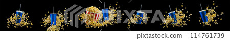 Blue cup with cap and flying popcorn isolated on black background Blue cup with cap and flying popcorn isolated on black background 114761739