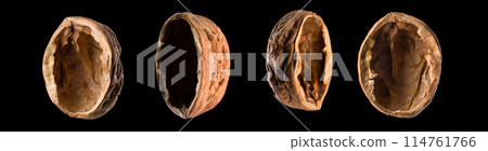 Macro photo of empty shell of walnut isolated on a black with clipping path Macro photo of empty shell of walnut isolated on a black with clipping path 114761766
