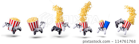 Flying popcorn and video game joystick gamepad isolated on a white background 114761768