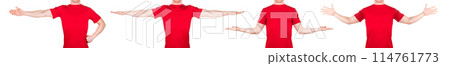 Man in red t-shirt showing or holding something in his arm on white background 114761773