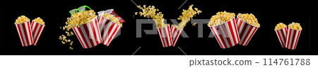 Set of paper striped buckets with popcorn isolated on black background 114761788