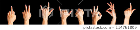 Set of woman hands showing different gestures, pointing and showing signs 114761809