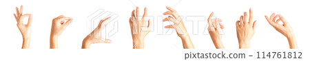 Set of woman hands showing different gestures, pointing and showing signs Set of woman hands showing different gestures, pointing and showing signs 114761812