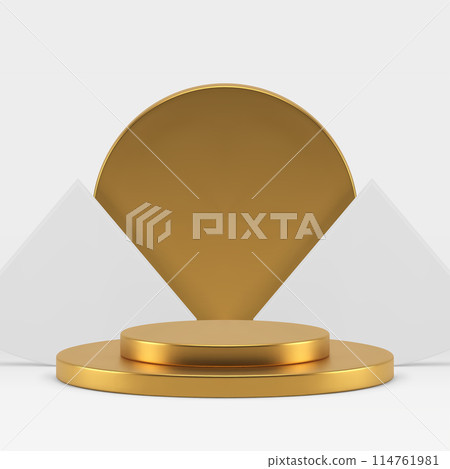 Luxury showroom 3d golden podium pedestal with white geometric wall background realistic vector Luxury showroom 3d golden podium pedestal with white geometric wall background realistic vector 114761981