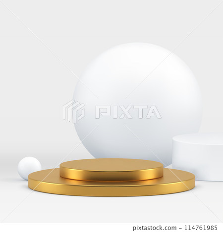 Luxury 3d golden cylinder podium pedestal with white sphere background realistic vector Luxury 3d golden cylinder podium pedestal with white sphere background realistic vector 114761985