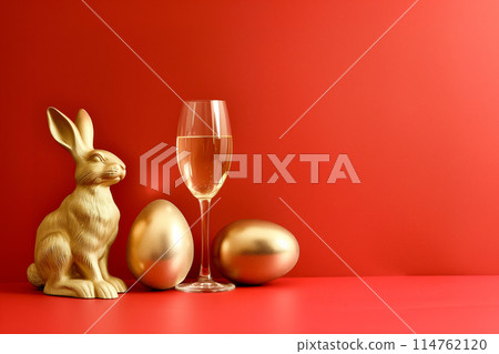 A champagne glass, golden rabbit figurine sand Easter gold eggs on plane background 114762120
