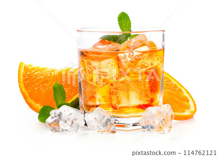 Refreshing summer cocktail with orange, mint and ice on white background 114762121
