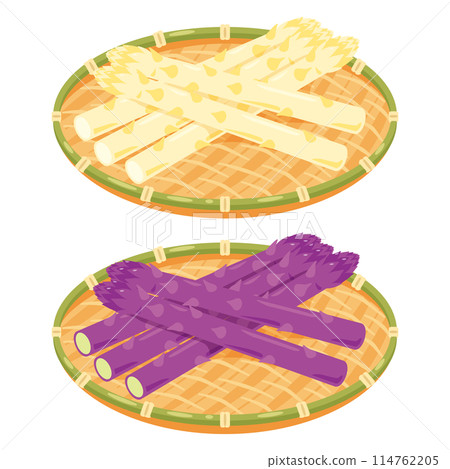 White and purple asparagus served in a colander 114762205