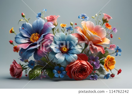 bouquet of bright multi-colored flowers isolated on a blue background 114762242
