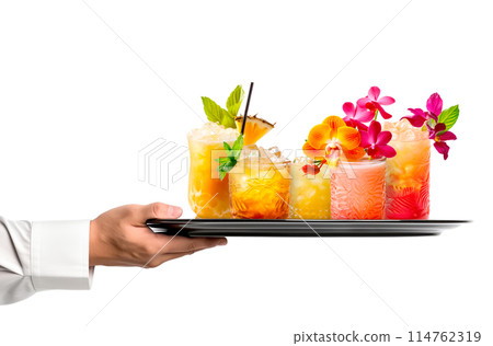 Waiter hand holding metal tray with set of Mai Tai cocktails in a classic tiki glass with crushed ice and a fresh mint 114762319