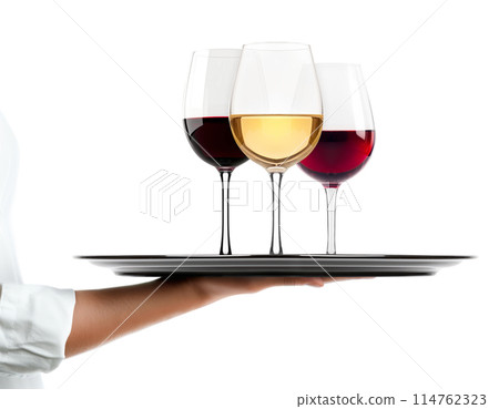Waiter hand holding metal tray with set of red and white wine glasses isolated on white background 114762323