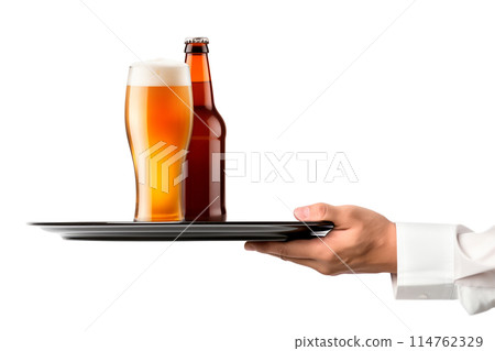 Waiter hand holding metal tray with set of Beer glasses and bottles on a white background. 114762329