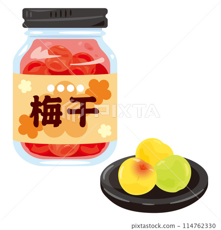 瓶子裡的醃李子和盤子裡的李子水果 114762330