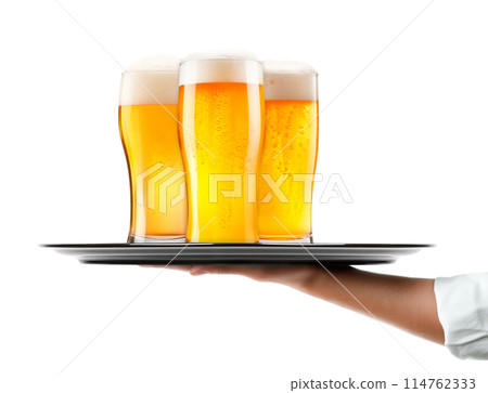 Waiter hand holding metal tray with set of Beer glasses and bottles on a white background. 114762333
