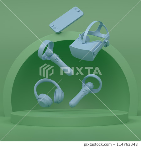 Set of video game joystick, VR glasses and headphones on monochrome podium Set of video game joystick, VR glasses and headphones on monochrome podium 114762348